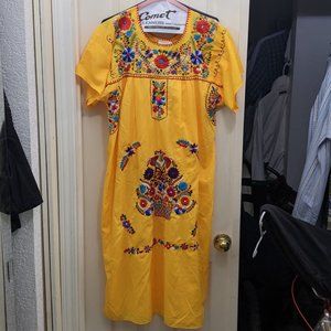La Chaparrita Yellow Floral Embroidered Midi Puebla Dress